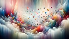 An Abstract Realm Of Floating Musical Notes That Transform Into Colorful Birds. The Backdrop Is A Cascade Of Soft Watercolors, Symphony Of Visuals,interplay Between Music And Nature.