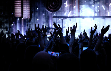 Wall Mural - Performance of a popular group. The crowd with raised hands against the stage light