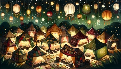 A whimsical night market. Stalls with patchwork tents display glowing artifacts, and lanterns float in the air, illuminating the scene with a golden glow. 