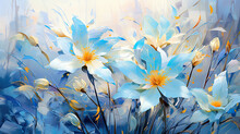 A Painting Of Blue Flowers With Yellow Centers.   Gouache Painting Of A Blue Color Flower, Perfect For Wall Art.