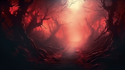 Wall Mural - Dark mystical forest with fog, red accent. Generation AI