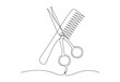 Continuous one line drawing of comb and scissor. Isolated on white background vector illustration. Pro vector.