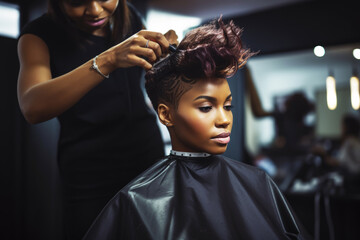 Beautiful black woman getting haircut done by hairstylist in hair salon