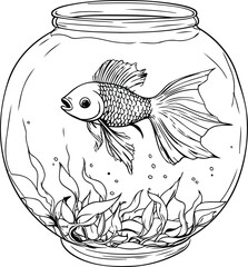 Goldfish in a glass jar. Black and white vector illustration.