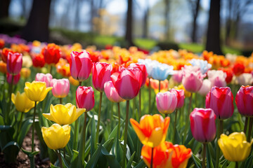 Wall Mural - photo of Rows of colorful, blooming tulips in a spring garden