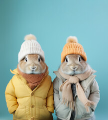  Two rabbits wearing warm comfy winter clothes in pastel colors, against blue background. Generative AI
