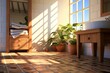 Bright, immaculate bathroom flooded with sunlight. Rendered in 3D. Empty wooden table in the backdrop. Tiled floor. Generative AI