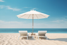 The Picture Of A White Beach Umbrella And Comfort Outdoor Lay Chair Placed On Soft White Sand At The Beach  Under Blue Sky And Sun Shines, Generative AI.