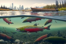 Partially Under Water View Of Salmon In Coastal Wetland With Migratory Birds In The Pacific Northwest Vancouver Skyline In The Background People In Canoe Hyperrealistic Cinematic Light Detailed 