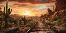 Rusty Railroad Track On Western Desert. Abandoned Train Track