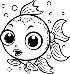 Wall Mural - Black and White Cartoon Illustration of Cute Fish Character for Coloring Book