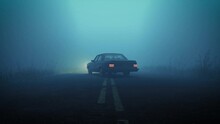 Cinematic Shot Of A Car Parked In Middle Of Road In Foggy Moody Forest During Blue Hour With Headlights And Hazard Lights Flashing 