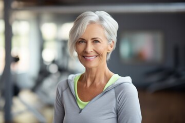 Portrait of a smiling fifty-year-old European woman in sportswear against a gymnasium background.