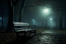 Park Bench On Dark Misty Night. Generative AI