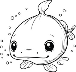 Wall Mural - Cute cartoon fish isolated on white background. Black and white vector illustration.