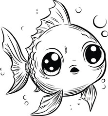 Wall Mural - Black and White Cartoon Illustration of Cute Fish Animal Character for Coloring Book