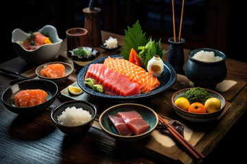 Wall Mural - Traditional Japanese breakfast. Different Asian dishes on table