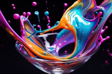 Canvas Print -  a glass bowl filled with colorful liquid and bubbles on a black background.  generative ai