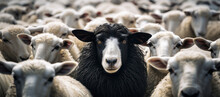 A Black Sheep Among A Flock Of White Sheep, Raising Head As A Leader - Concept Of Standing Out From The Crowd, Of Being Different And Unique With Its Own Identity And Special Skills Among The Others