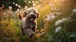  a small dog running through a field of grass and flowers.  generative ai