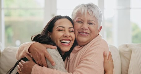 Poster - Happy, hugging and face of woman with senior mother on sofa for bonding together in the living room. Smile, love and portrait of young female person embracing her elderly mom in retirement at home.