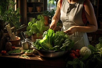 Wall Mural - Caucasian woman prepares healthy salad in kitchen, surrounded by fresh vegetables and herbs. Vegetarian meal prep.