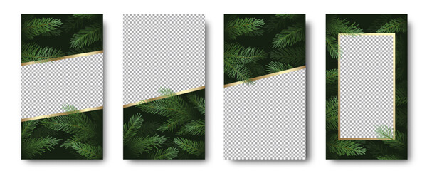 Wall Mural - Christmas and New Year Vector Greeting Cards Posters Set. Pine Branches Background with Copy Space Picture Places Winter Holidays Social Networks Decorative Stories Templates Collection
