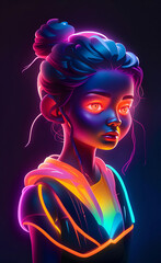 portrait of a stylish young girl model with blond hair in glasses in smoke in neon lighting. 3d Cartoon neon girl illustration.