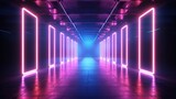 Fototapeta Perspektywa 3d - Empty futuristic illuminated corridor with neon light background. AI generated image