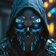 front facing portrait style hooded robotic skull black skull black face detailed metal neon blue eyes cyberpunk city background futuristic neon blue extremely detailed well designed realism hyper 