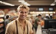 a photo of a beautiful blonde handsome male cashier smiling at the checkout scanning codes of products in a grocery store. Generative AI.