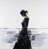 Fototapeta  - Czarna postać kobiety namalowana farbą olejną na białym tle. Depresja, zdrowie psychiczne, sztuka terapeutyczna.