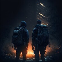 Two Survivor Dayz Like Between Abandoned Skyscraper On Street And Fireplay With Backpack And Rifles Darkness Mysteries 8k V4 
