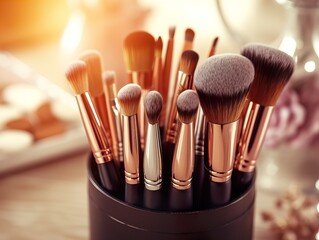 Wall Mural - Assorted makeup brushes with copy space, beauty artist workspace, bunch of different brushes on blurred background