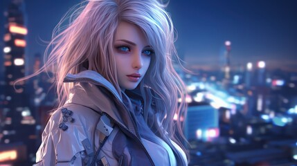 Wall Mural - girls in anime style against the backdrop of a neon cyberpunk city