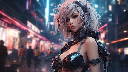 Wall Mural - girls in anime style against the backdrop of a neon cyberpunk city