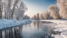 A Beautiful Winter Landscape With Snow-covered Trees And A Frozen River.