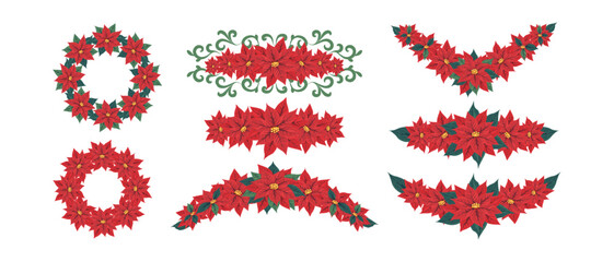 Wall Mural - Floral frame, border, red poinsettia flower divider. A set of floral decor for the design of cards, banners, invitations, Christmas and New Year wreath celebrations and other holiday. Vector.