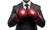 businessman wearing a suit and boxing gloves. Isolated on Transparent background.