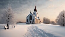 A Serene Image Of A Snowy Landscape With A Peaceful Church Adorned In Christmas [Blank Space] For Adding Text Or A Message