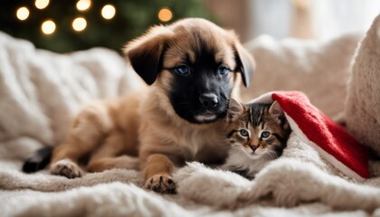 Wall Mural - A heartwarming picture of a puppy and kitten sharing a holiday blanket, leaving room for a 'Warm and Fuzzy' message