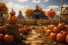 Halloween Pumpkin Patch With Wooden Church In Autumn