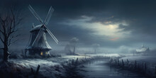 Old Dutch Landscape, Night Scenery With A Windmill In Winter