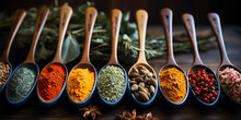 Traditional Indian masala powders and spices in spoons background 