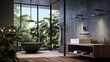 Bathroom with a rainfall showerhead and a freestanding tub and a floating vanity