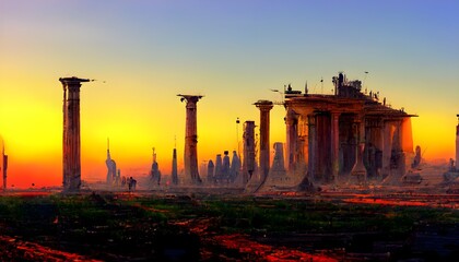 roman city ancient real life sunset solarpunk spiritcore landscape detailed vertical 