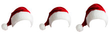 Set Of Three Red Santa Hats In PNG Isolated On Transparent Background. New Year Red Hat
