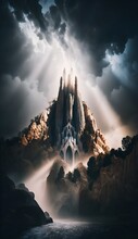La Sagrada Familia Cathedral High On A Mountain Spire Dark Landscape Waterfalls Trees Dramatic Clouds By Francis E Jamieson Cinematic Rim Lighting Rays Of Shimmering Light Cinematic Lighting 