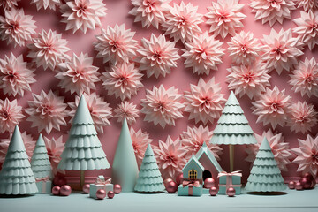 Wall Mural - Mint christmas tree on pink background.