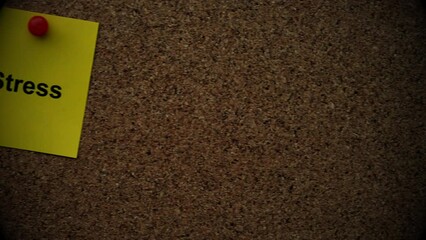 Wall Mural - A yellow paper note with the word Stress on it pinned to a cork board. Close up.